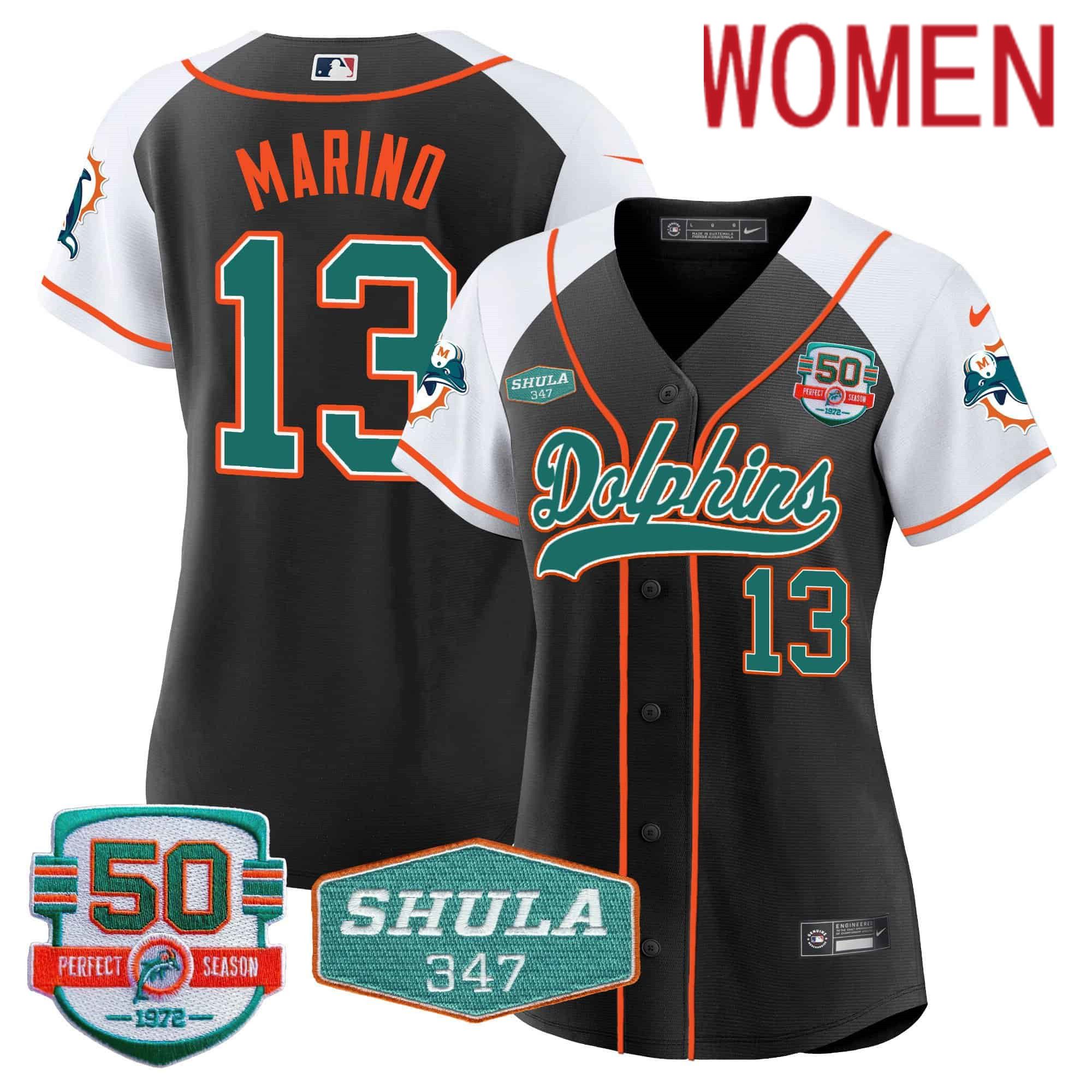 Women Miami Dolphins #13 Marino Black 2024 Nike 50th Don Shula Memorial Patch Baseball NFL Jersey
